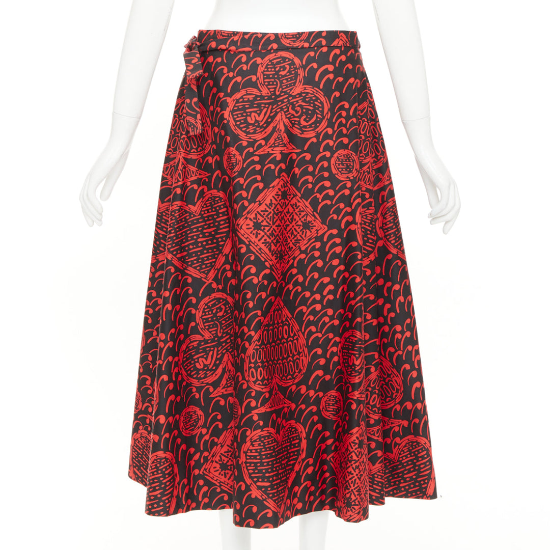 DIOR Diorarmour black red cotton playing cards print wrap midi skirt FR36 S