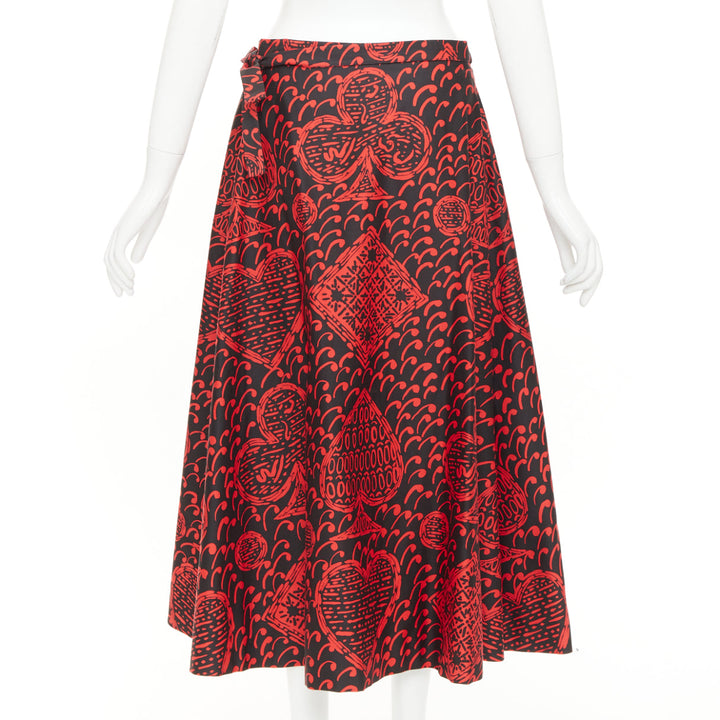 DIOR Diorarmour black red cotton playing cards print wrap midi skirt FR36 S