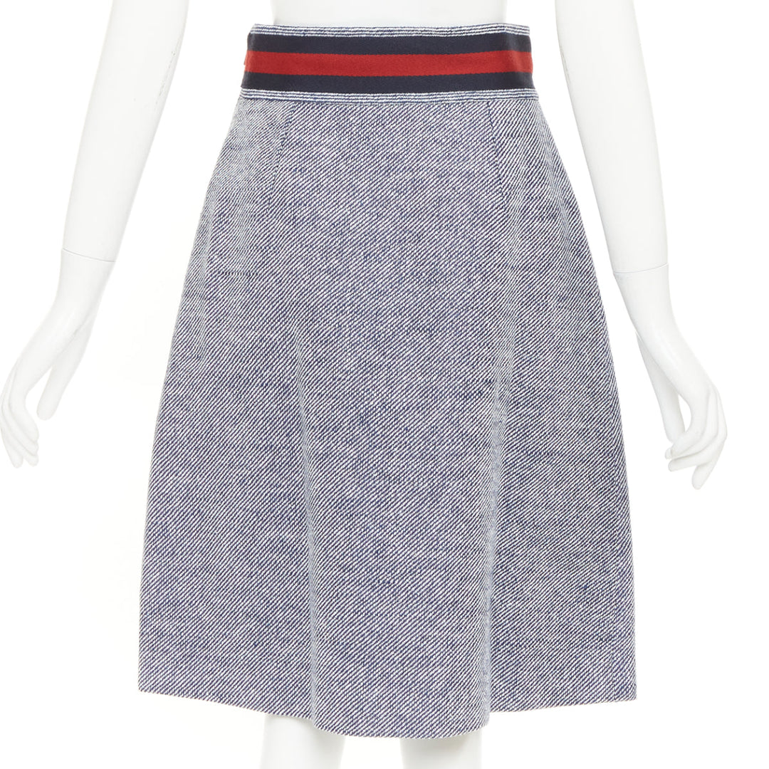 GUCCI blue cotton twill red Web Horsebit belt pleated midi skirt IT40 S