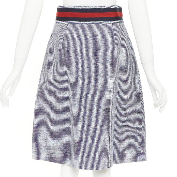 GUCCI blue cotton twill red Web Horsebit belt pleated midi skirt IT40 S