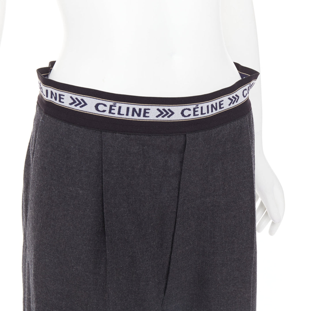 CELINE Phoebe Philo grey wool logo waistband wide leg trousers FR34 XS