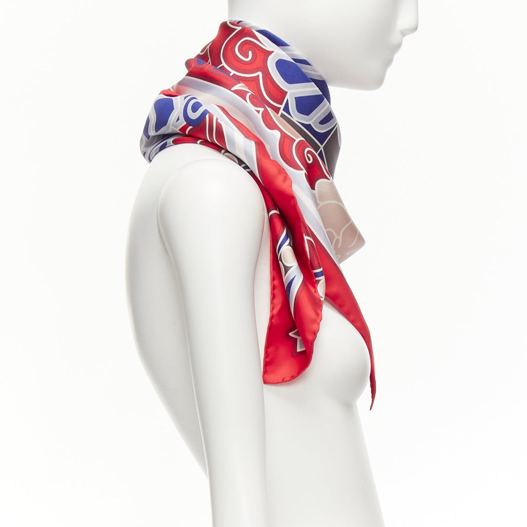 CHANEL 100% silk red blue lion statue palm trees big square scarf