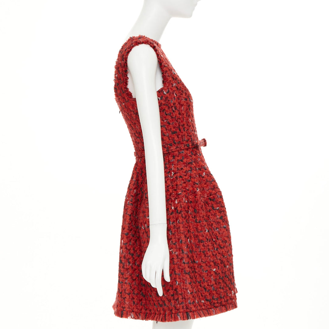 OSCAR DE LA RENTA F17 Boucle tweed red wool cotton silk lined flare dress US6 M