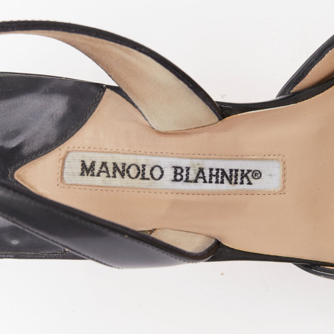 MANOLO BLAHNIK nude quilted leather stitch black toe cap slingback heel EU39