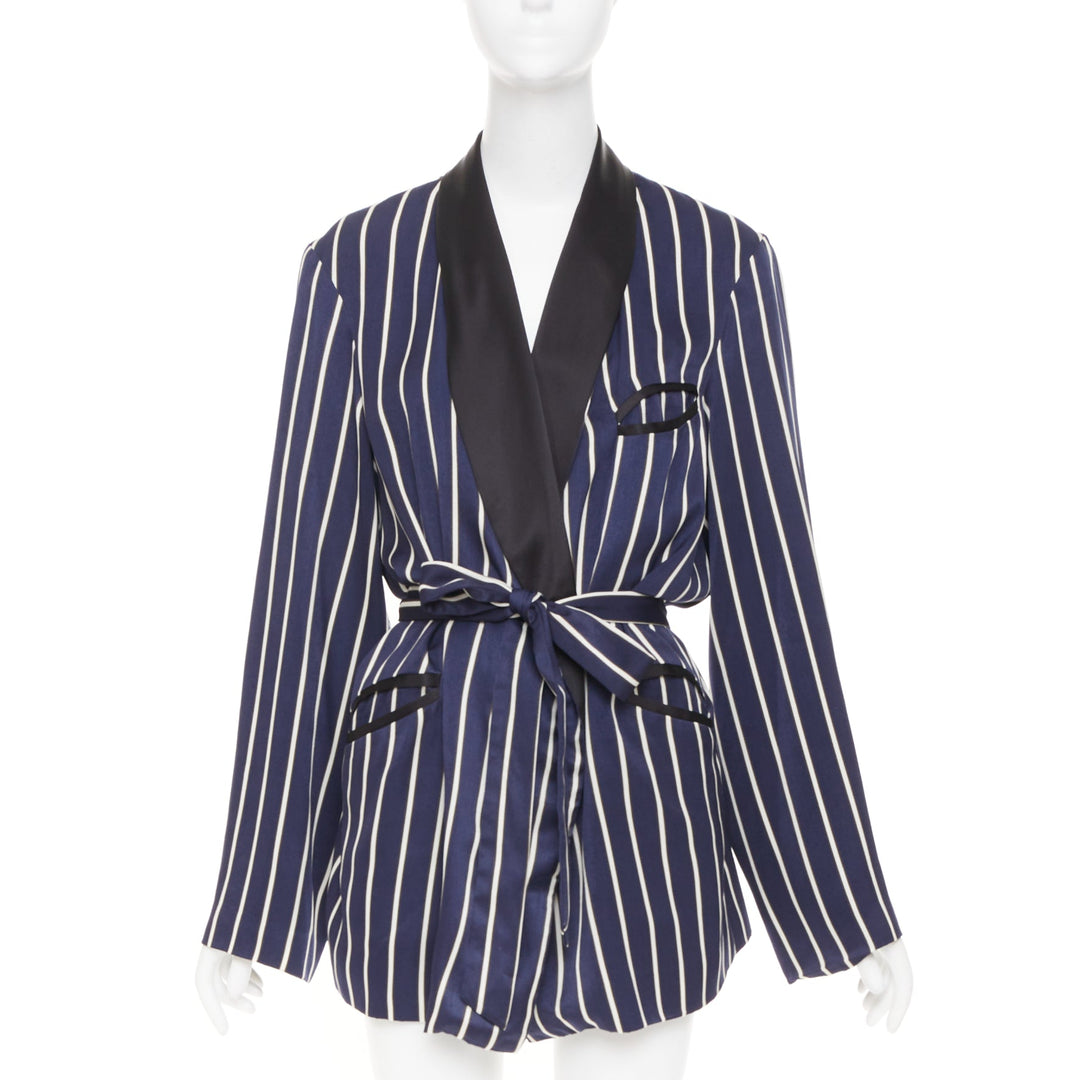 RAEY navy white stripe silk trim belted kimono smoking pajama tux jacket UK8 S