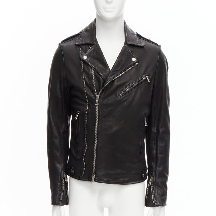 BALMAIN black lambskin leather silver zip classic biker motorcycle jacket EU48 M