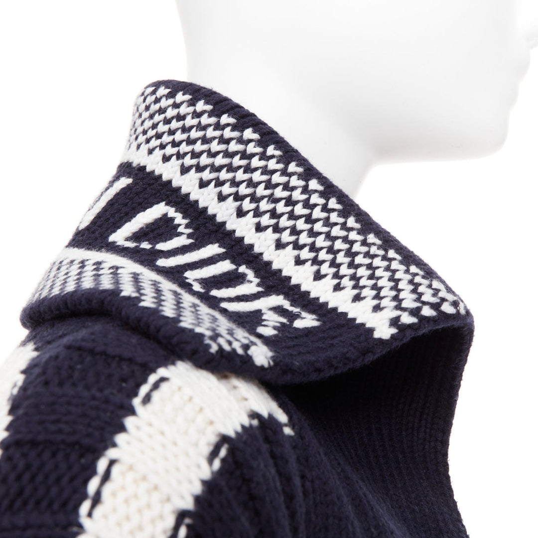 DIOR navy white cotton cashmere logo intarsia back neck striped cardigan FR34 XS