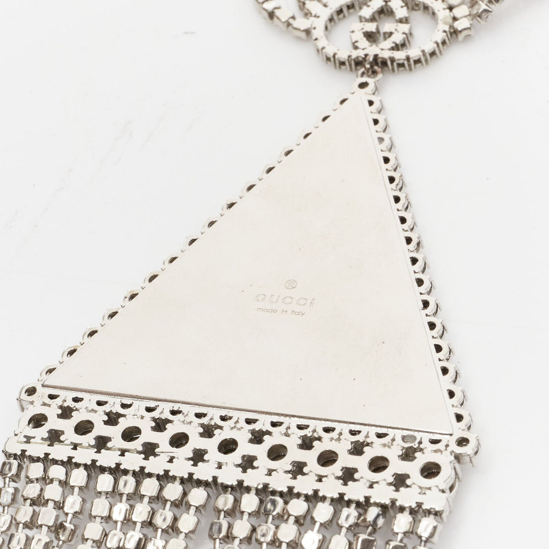 rare GUCCI ALESSANDRO MICHELE silver crystal GG triangle tassel  necklace
