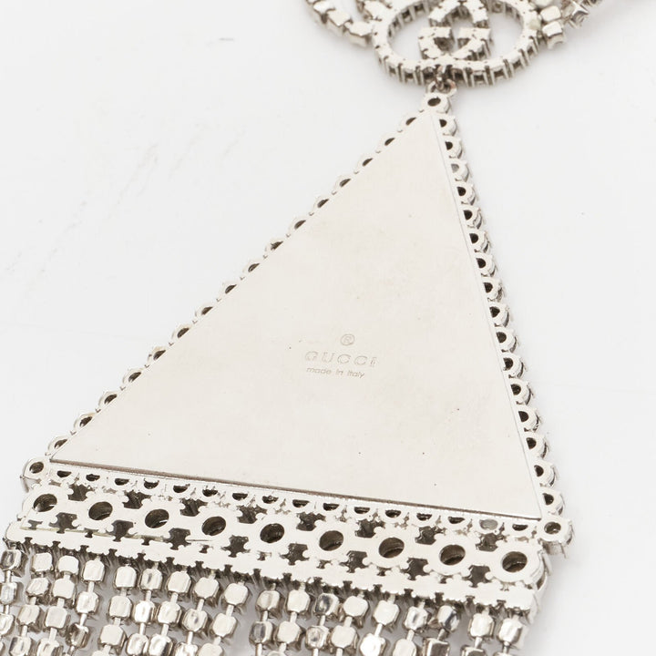 rare GUCCI ALESSANDRO MICHELE silver crystal GG triangle tassel  necklace