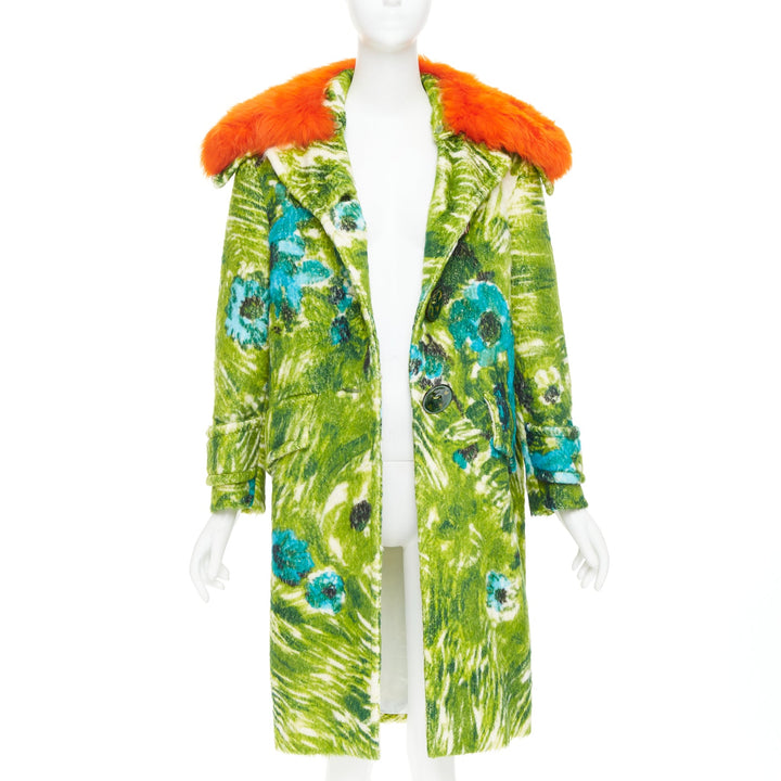 rare PRADA 2017 Runway alpaca wool green floral orange fur collar coat IT40 S