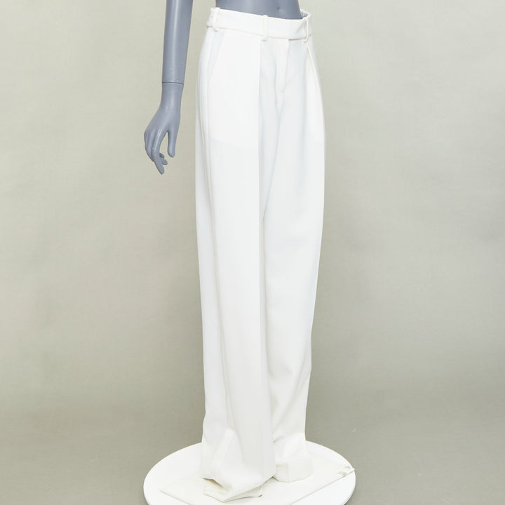 ALEXANDRE VAUTHIER white satin trim pleated front wide leg pants