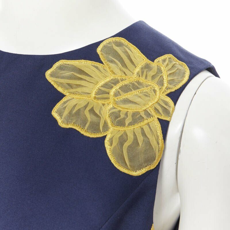 MICHAEL KORS COLLECTION wool silk navy yellow floral sleeveless cropped top US2