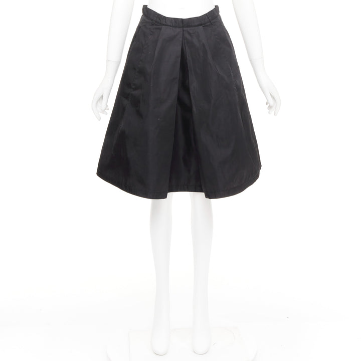 PRADA vintage black nylon high waist inverted box pleat a line midi skirt