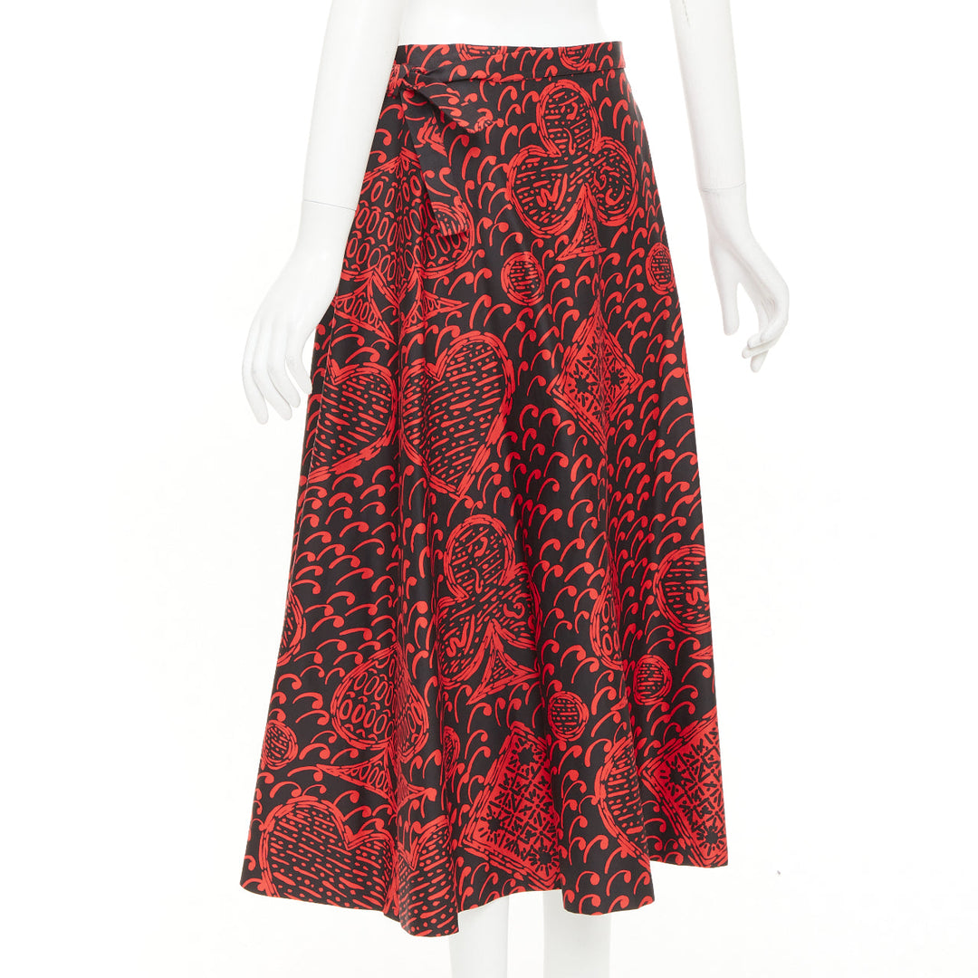 DIOR Diorarmour black red cotton playing cards print wrap midi skirt FR36 S
