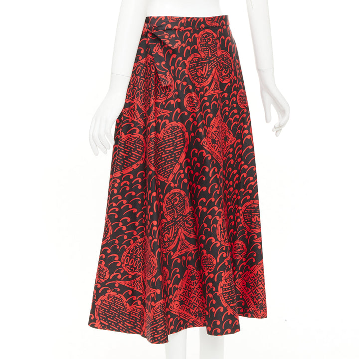 DIOR Diorarmour black red cotton playing cards print wrap midi skirt FR36 S