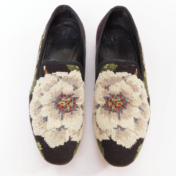 ALEXANDER MCQUEEN 2012 floral needlepoint textile evening slipper loafers EU43