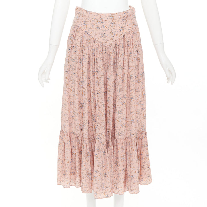 CELINE 100% silk pink blue prairie floral print midi skirt FR38 M