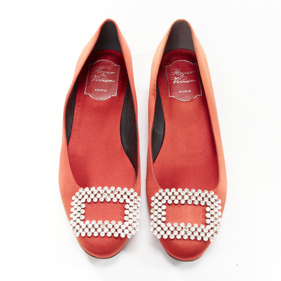 ROGER VIVIER red satin silver strass crystal buckle classic dress flats EU36.5