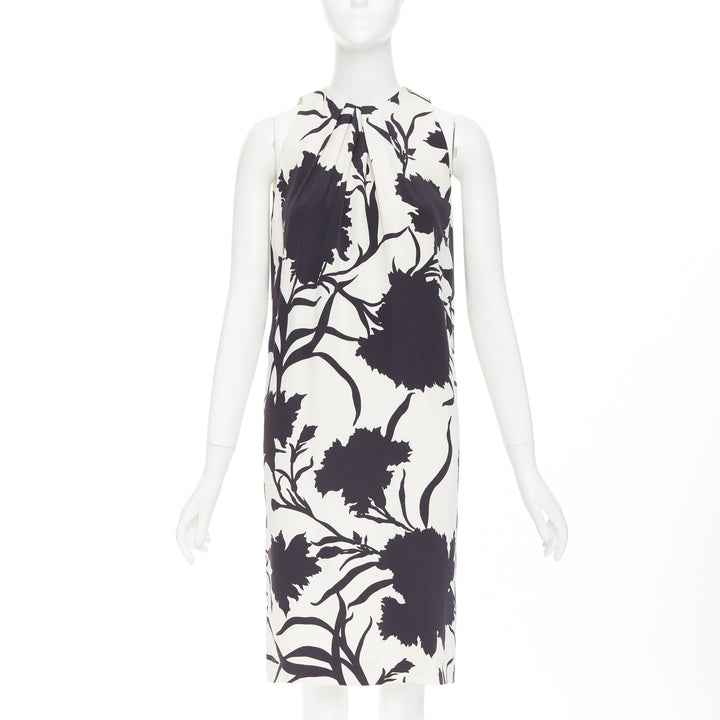 CHRISTIAN DIOR cream black 100% silk bold floral print ruched neck dress FR36 S
