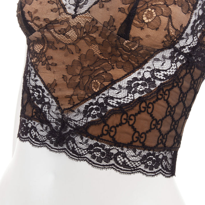 GUCCI 2023 Runway GG monogram stretch lace cropped cami top XS