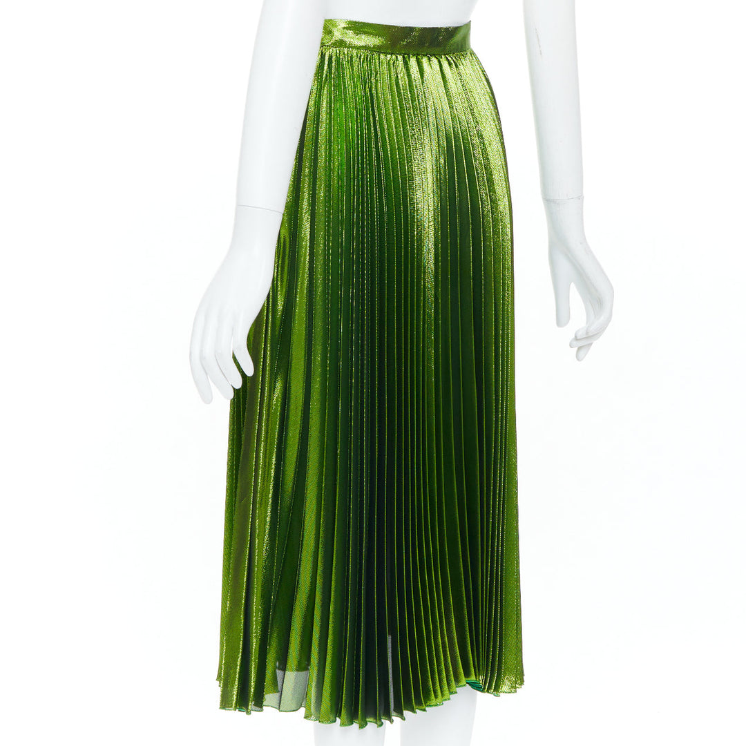 GUCCI 2016 Runway green metallic lame plisse silk blend pleated skirt IT36 XXS