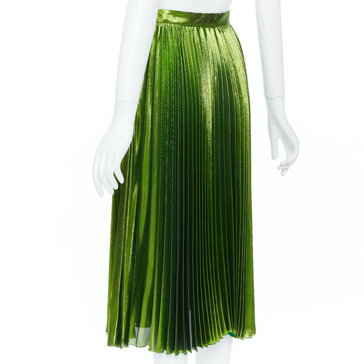 GUCCI 2016 Runway green metallic lame plisse silk blend pleated skirt IT36 XXS