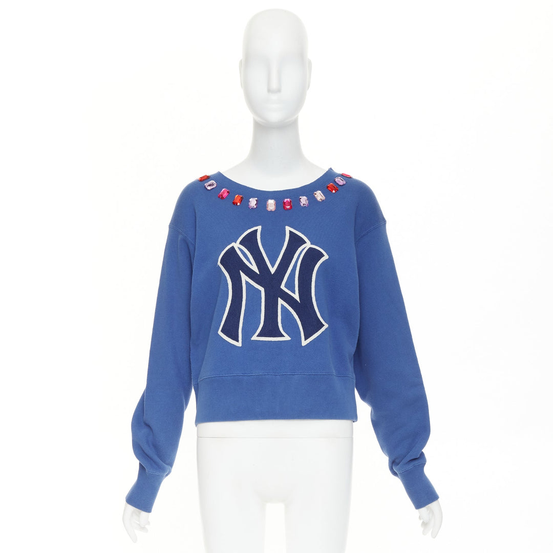 GUCCI 2018 MLB New York Yankees blue cotton jeweled bateau neck sweatshirt XS