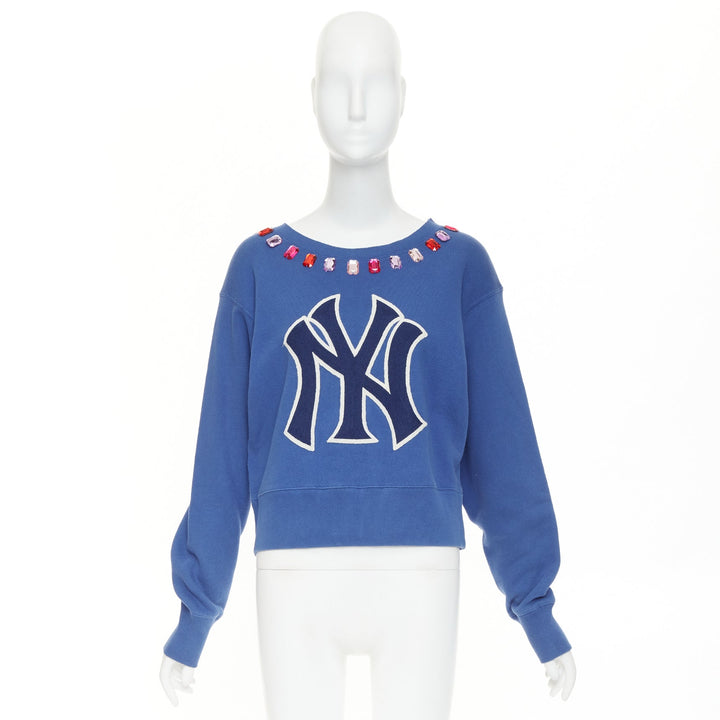 GUCCI 2018 MLB New York Yankees blue cotton jeweled bateau neck sweatshirt XS