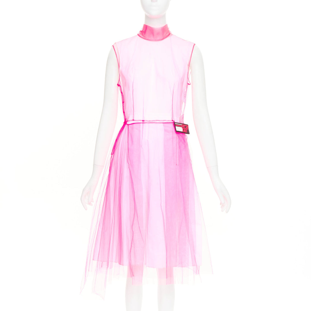 PRADA 2018 Runway Neon Technical  Tulle Abito pink rubber logo dress IT38 XS