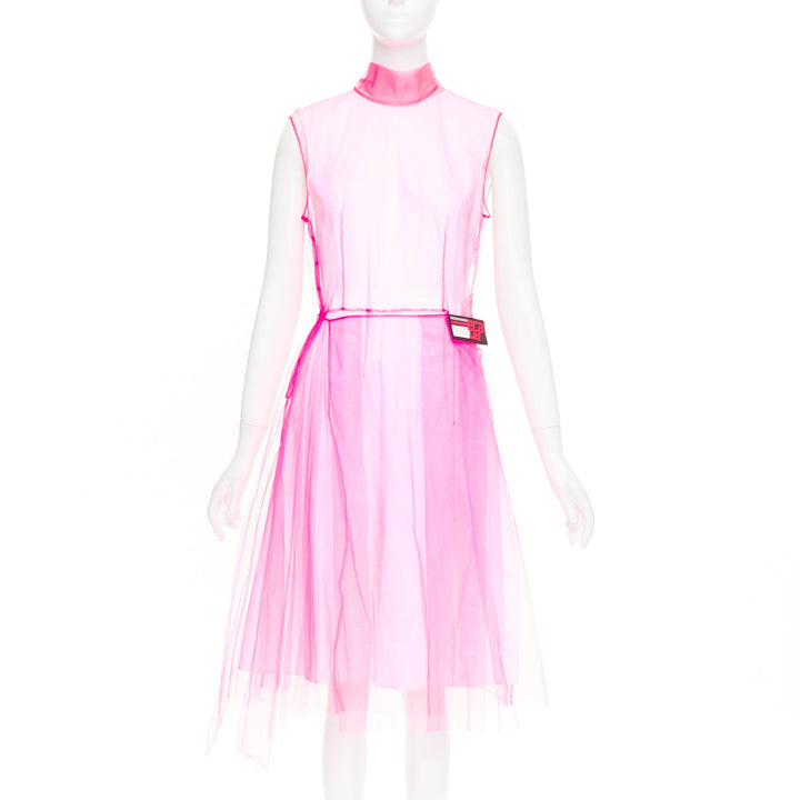 PRADA 2018 Runway Neon Technical  Tulle Abito pink rubber logo dress IT38 XS
