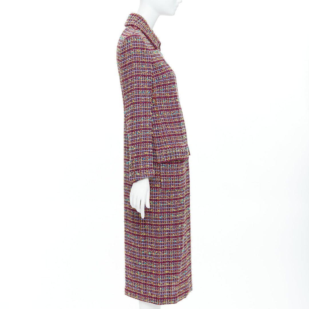 CHANEL 2023 Runway pink yellow multicolor tweed  CC button long coat FR36 S