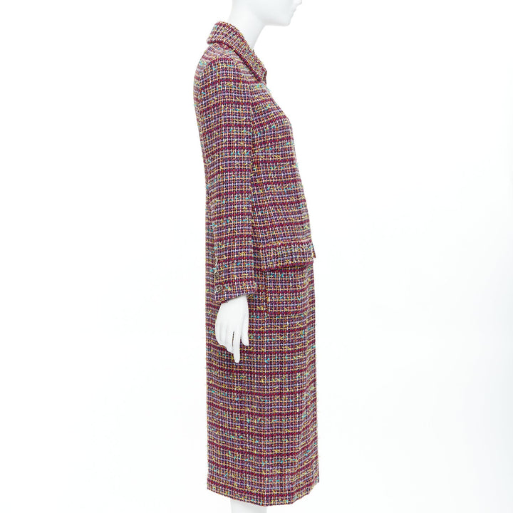 CHANEL 2023 Runway pink yellow multicolor tweed  CC button long coat FR36 S
