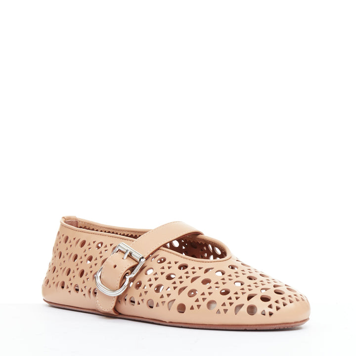 ALAIA Vienne tan leather cut out buckle maryjane ballerina flats EU37