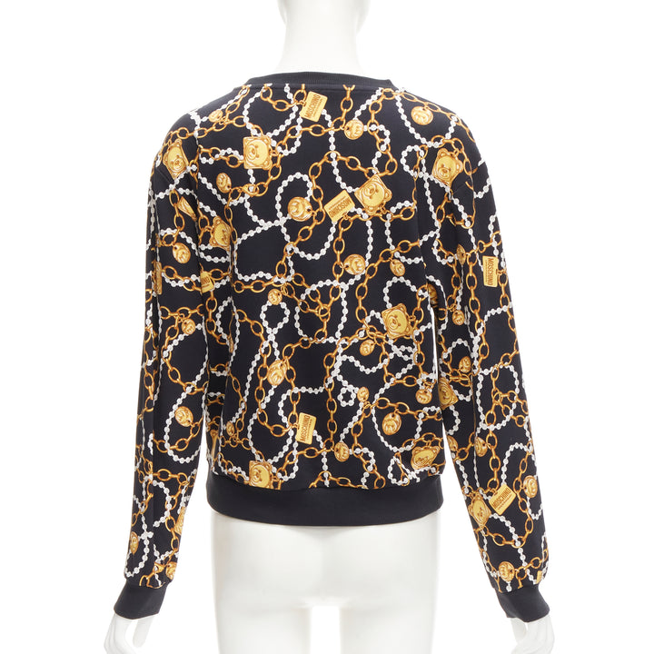 MOSCHINO black gold teddy bear chain pearl print sweatshirt S