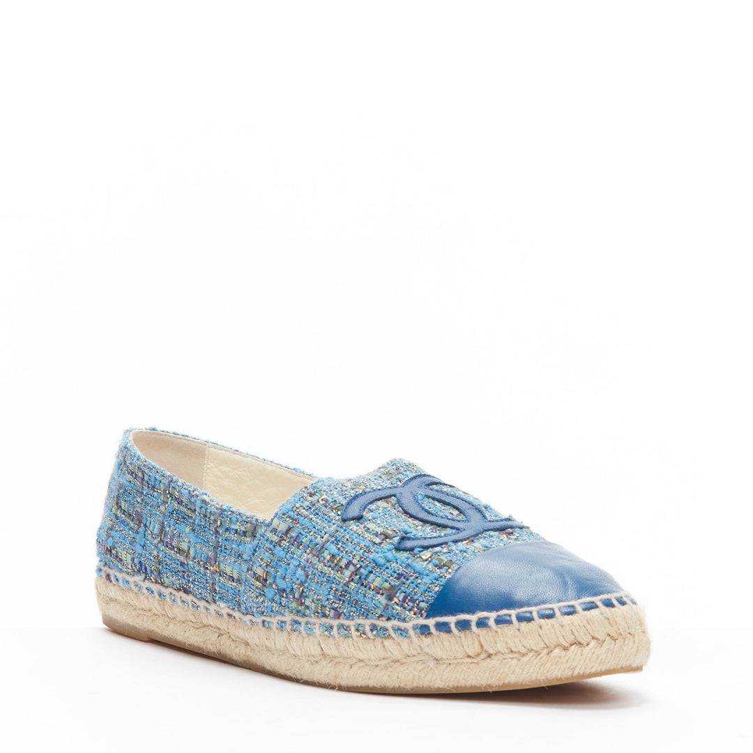 CHANEL blue tweed CC logo leather toe cap espadrille shoes EU40