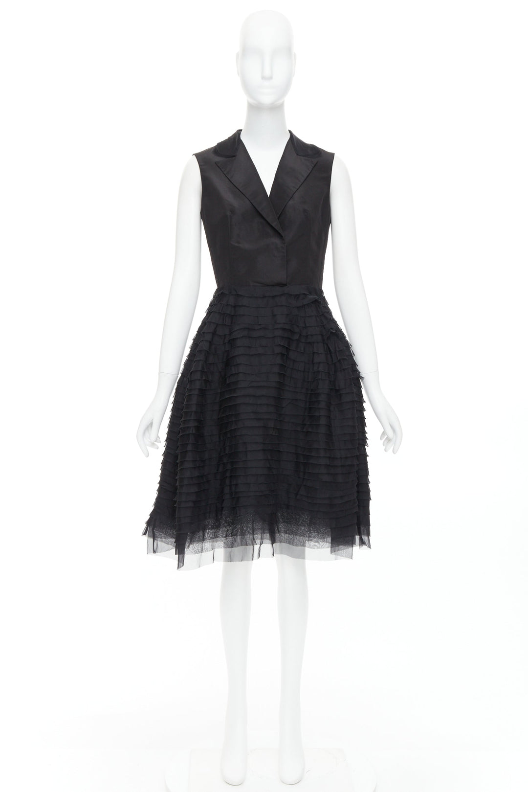 OSCAR DE LA RENTA R14 100% silk black peak collar tiered puff dress US4 S