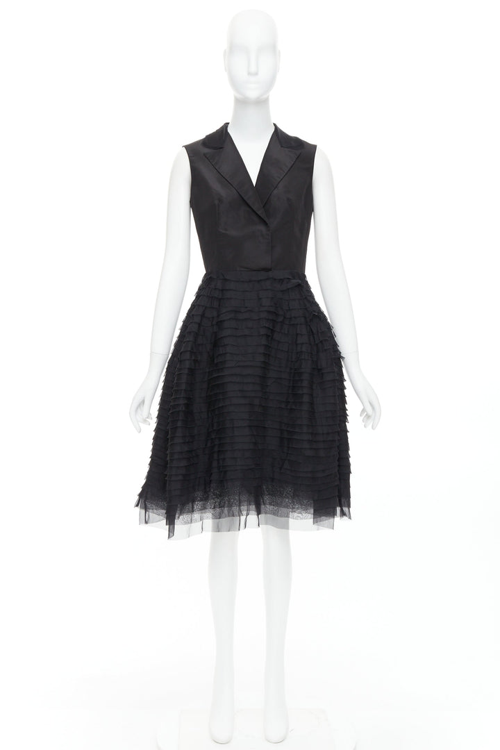 OSCAR DE LA RENTA R14 100% silk black peak collar tiered puff dress US4 S
