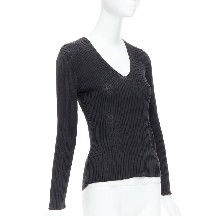 PRADA black 100% silk classic minimal ribbed Vneck long sleeve top IT42 M