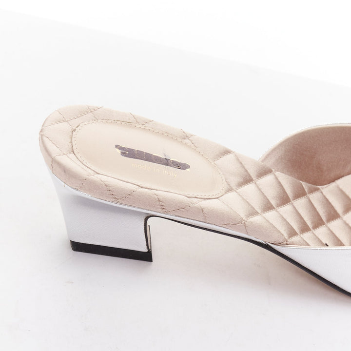 GUCCI silver metallic leather gold crystal horsebit buckle slipper heels EU37