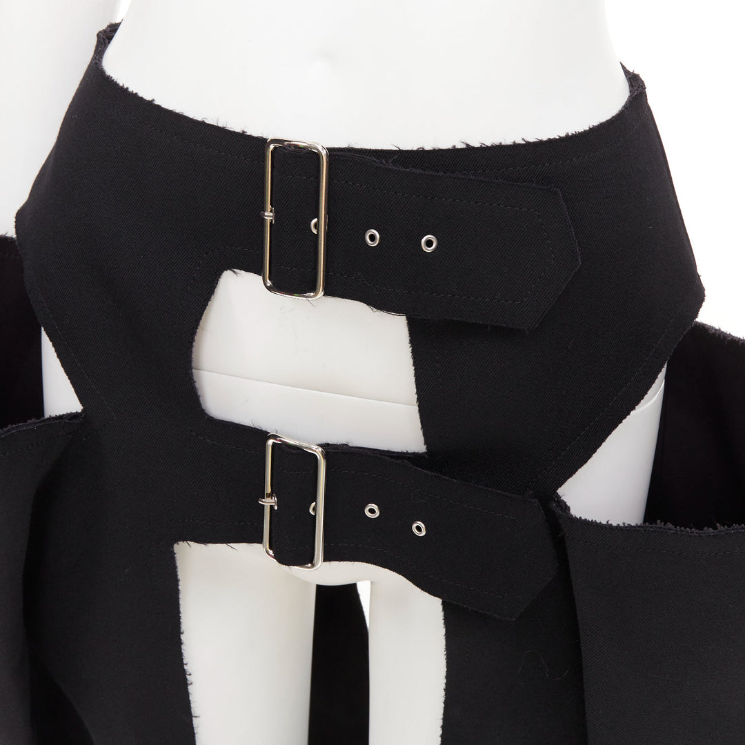 rare COMME DES GARCONS 2019 black wool multi buckle cut out pannier skirt XS