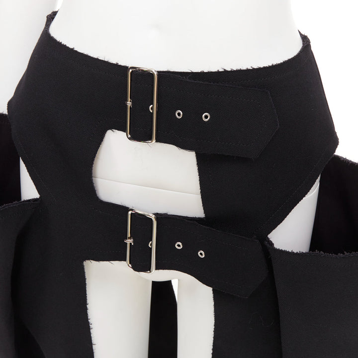 rare COMME DES GARCONS 2019 black wool multi buckle cut out pannier skirt XS