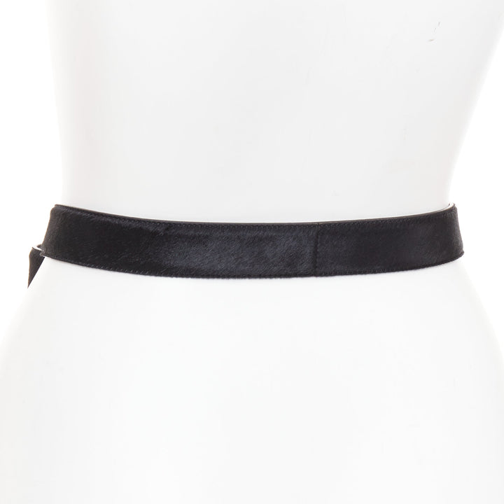 SAINT LAURENT gold tone hammered heart buckle black calf hair belt 80cm