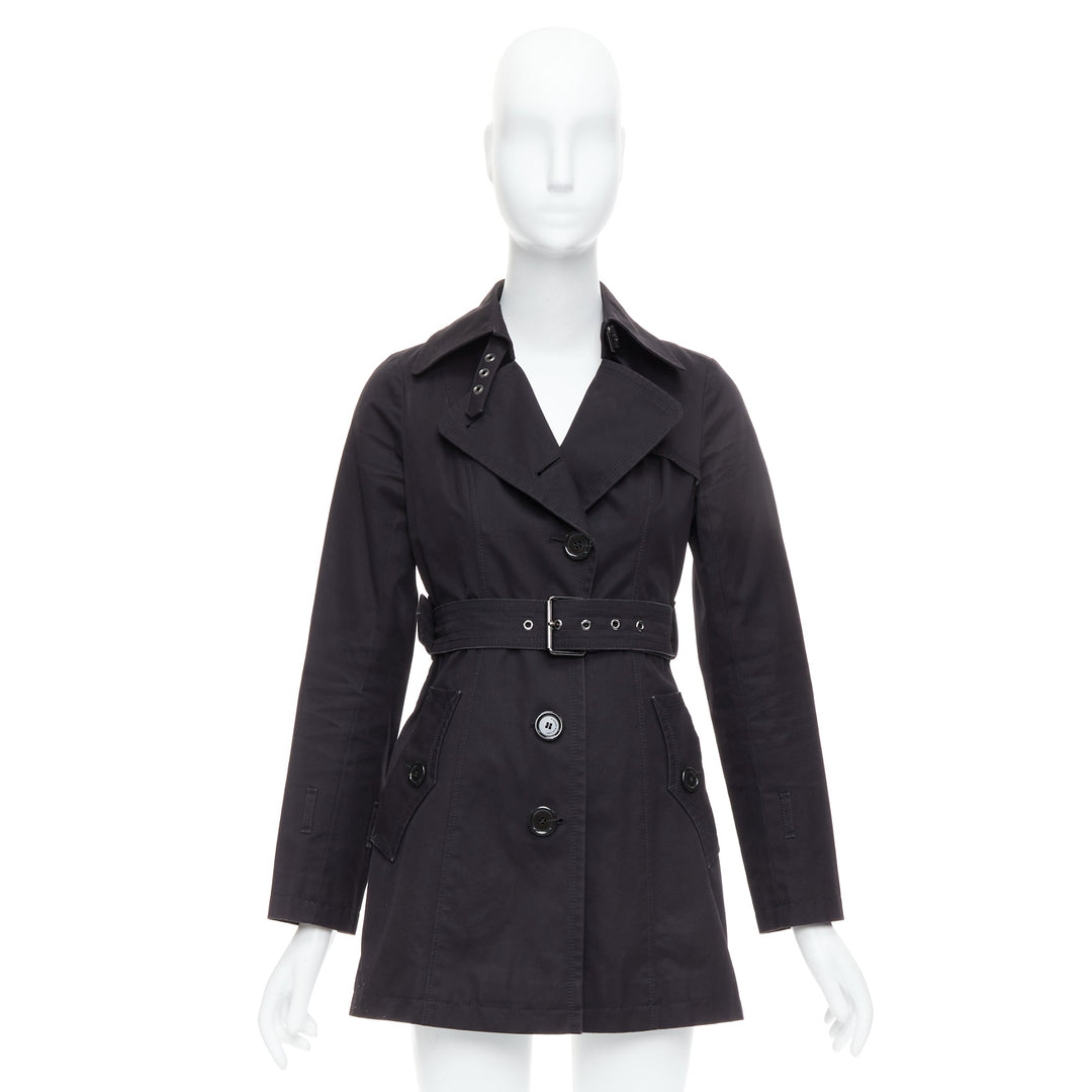 BURBERRY Blue Label black wool silver grommet belted short trench coat IT38 XS