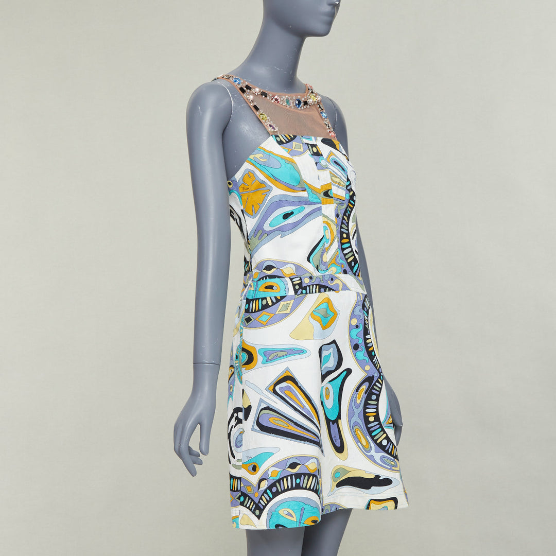 EMILIO PUCCI Vintage crystal rhinestone mesh collar graphic print dress IT40 M