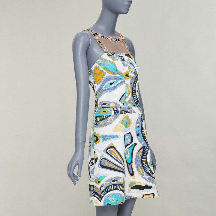 EMILIO PUCCI Vintage crystal rhinestone mesh collar graphic print dress IT40 M