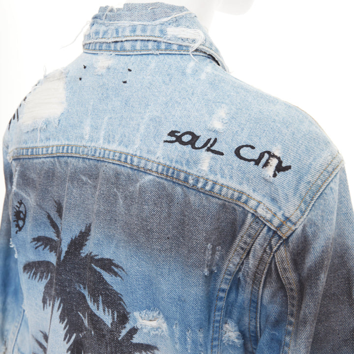 AMIRI 2017 Palm Tree Sunset airbrush blue distressed denim trucker jacket XS