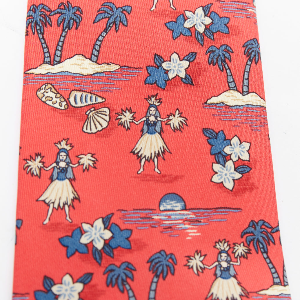 HERMES 7554 SA red blue Hawaiian hula girl fauna print silk tie