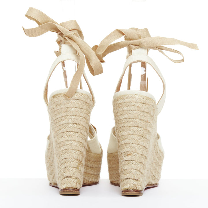 CHRISTIAN LOUBOUTIN Isabelle cream beige canvas jute bow tie wedges EU36