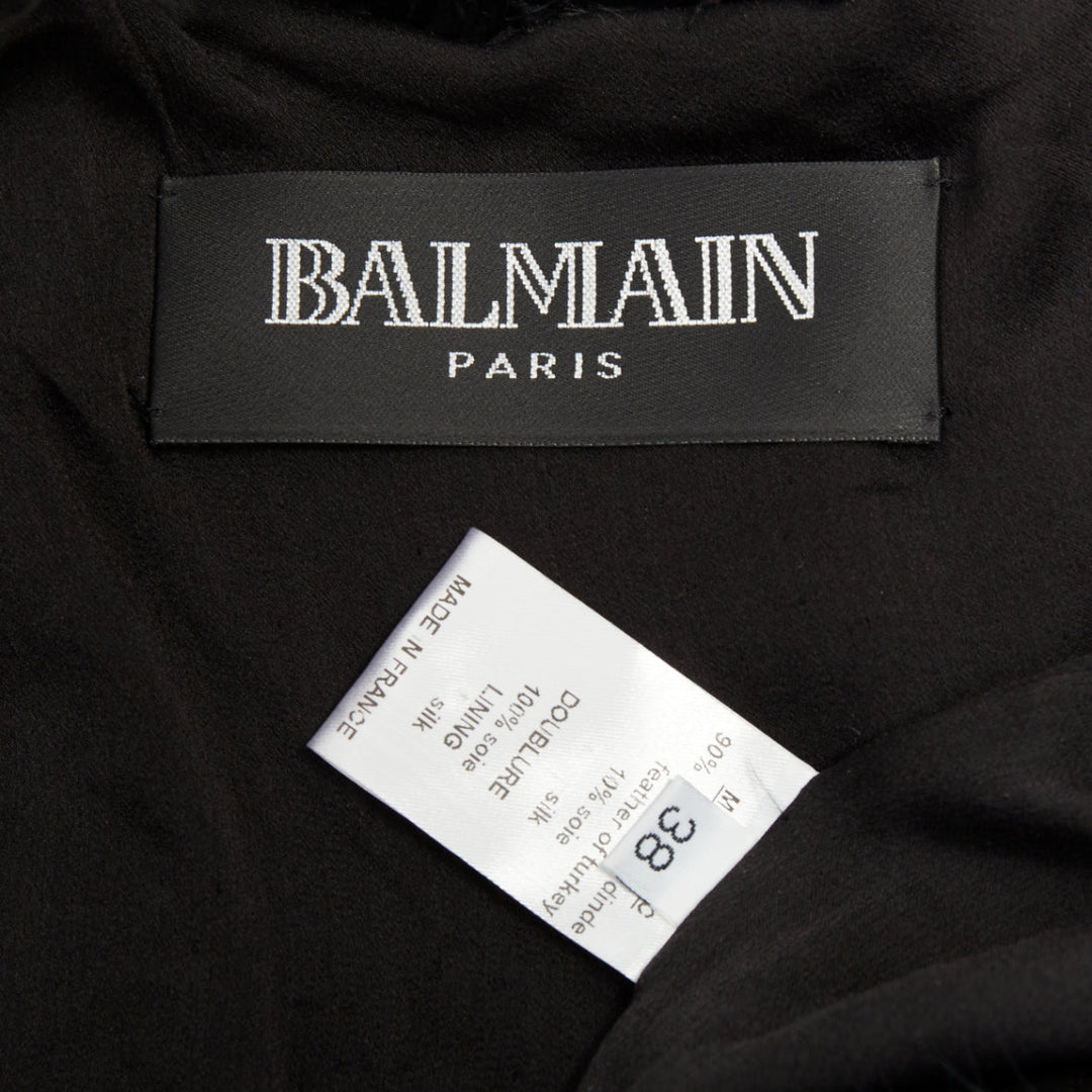 BALMAIN 2014 black turkey feather leather buckle collar cape shrug bolero FR38 M