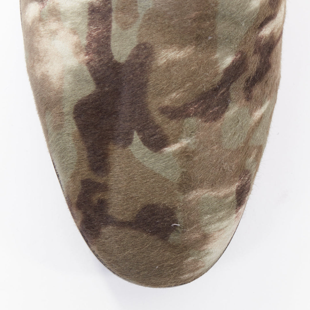 GIUSEPPE ZANOTTI navy green camouflage ponyhair metal tiered heel boots EU43